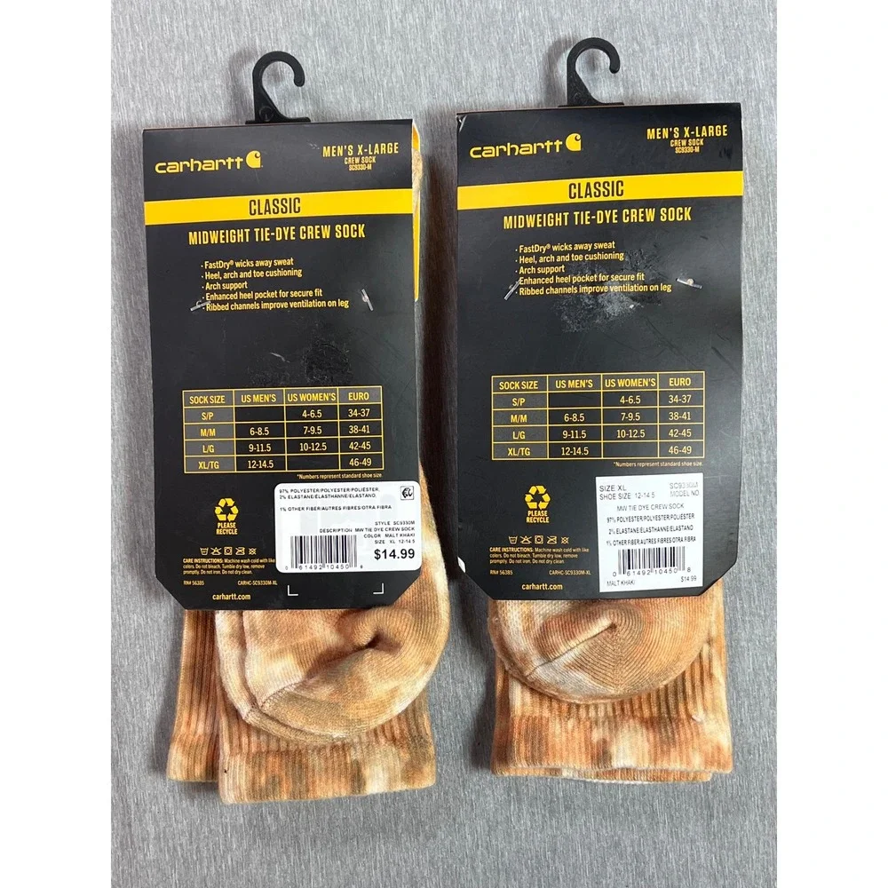 Carhartt Men XL Midweight Tie-Dye Crew Socks Malt Khaki 2 Pair Sz 12-14.5 New